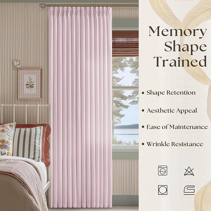 Pink Linen Pinch Pleated Curtains 90 Inch Length 2 Panels for Girls Bedroom Nursery Soft Thick Linen Window Curtains 90 Inches Long Semi Sheer Light Filtering for Living Room Blush Dusty Pink