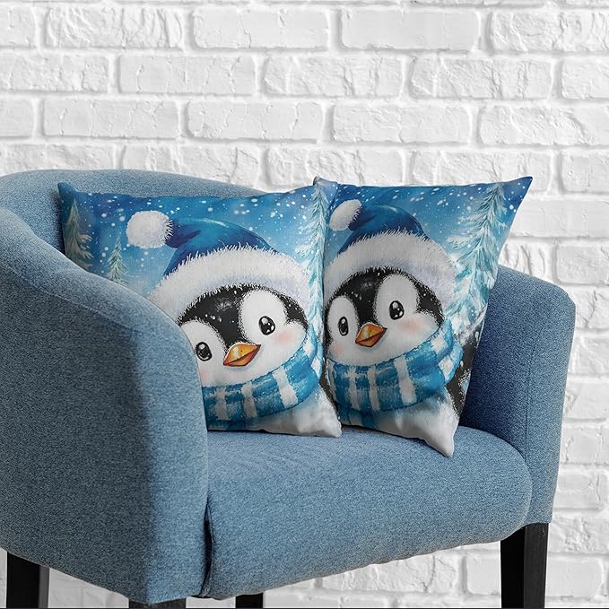 Winter Decorative Pillow Covers 16x16 Penguin Pillow Case Set of 2 Blue Winter Cotton Linen Cushion Case for Holiday Decorations Couch Outdoor Living Room