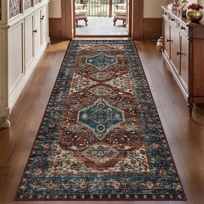 Tangsoo Oriental 3x6 Entryway Runner Rug, Washable Non Slip Indoor Accent Runner Rugs, Vintage Print Rust Carpet Runner, Soft Low Pile Rug for Living Room Dining Bedroom Bedside Entryway