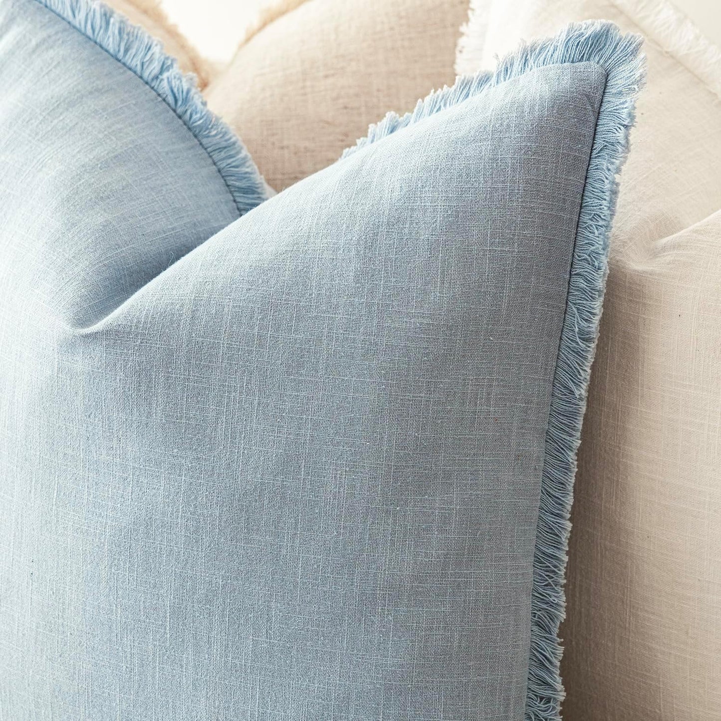 Foindtower Set of 2 Decorative Linen Fringe Lumbar Throw Pillow Covers Boho Farmhouse Cushion Cover with Tassels Soft Accent Pillowcase for Couch Sofa Bed Living Room Home Decor,12×24 Inch,Sky Blue