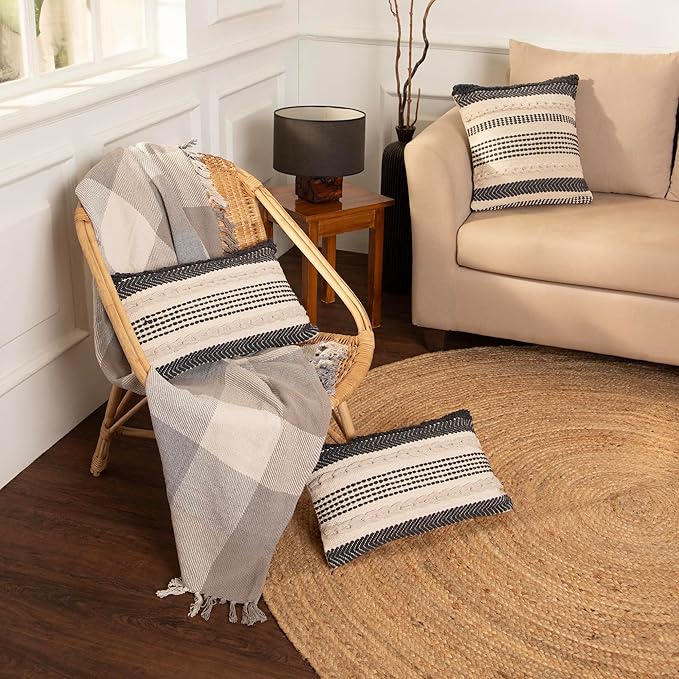 REDEARTH · Boho Textured Throw Pillow Cushion Covers - Cotton Lumbar Woven Tufted Decorative Farmhouse Cases Set for Couch, Sofa, Bed, Chair, Dining, Patio (12"x 20", Precis Descant Gray) Pack of 2