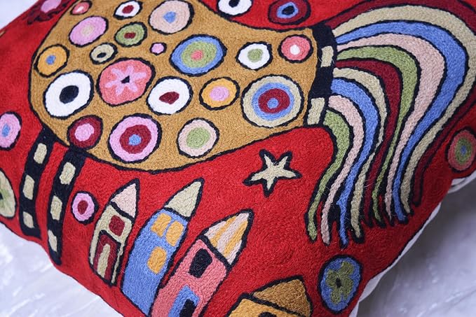 Red Rooster Throw Pillow Cover Karla Gerard Floral Pillowcase Floral Chair Cushion Flower Couch Pillowsham Red Farmhouse Pillow Hand Embroidered Cushions Wool Size 18x18