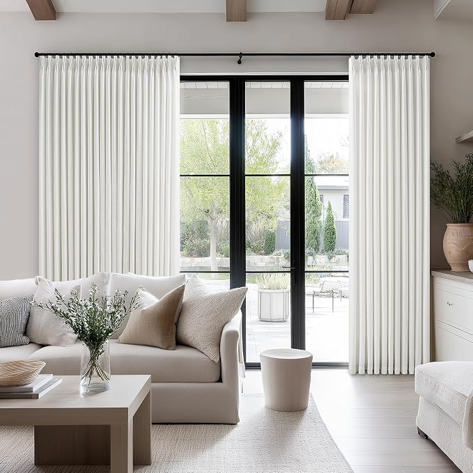 Beige White 100 Inch Wide Curtains 90 Inches Long for Living Room Light Filtering Semi Sheer Modern Farmhouse Pleated Curtain with Hooks Rings for Patio Sliding Door Dining Room Large Window 1 Panel