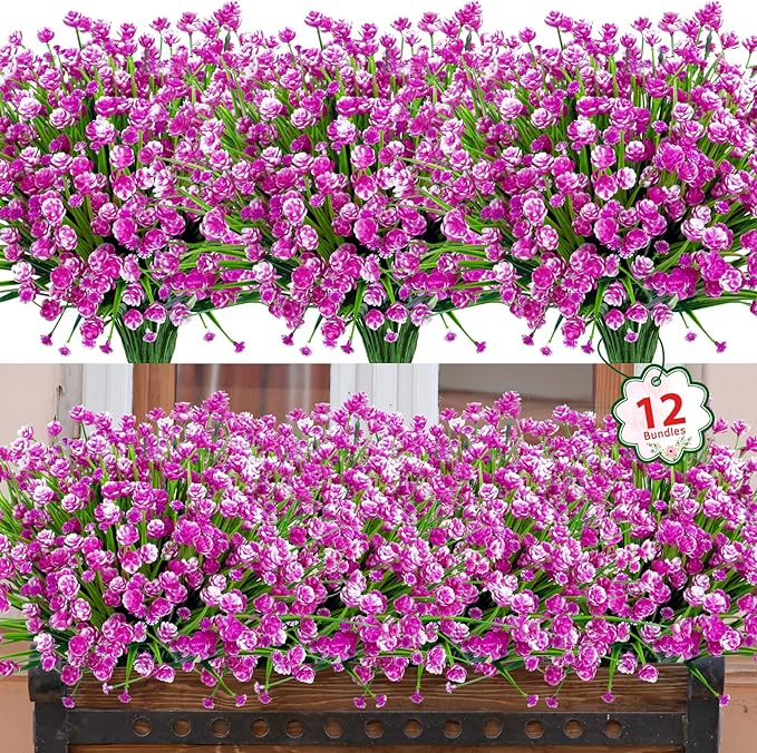 Ouddy Decor 12 Bundles Artificial Flowers for Outdoors UV Resistant Fake Plastic Plants Faux Greenery Stems for Spring Summer Indoor Garden Patio Window Box Kitchen Home Decor, Fuchsia