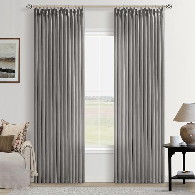 Grey Linen Pinch Pleat Curtains 84 Inches Long for Living Room Flax Gray Pinch Pleated Drapes with Hooks Rings Back Tab Farmhouse Boho Light Filtering Semi Sheer Curtains for Dining Bedroom Office