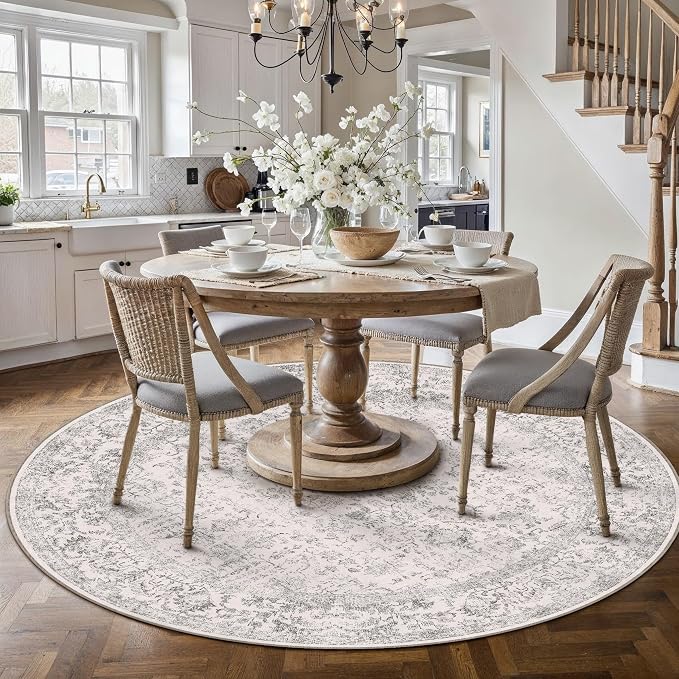 PureCozy Grey Round Area Rug 8ft Entryway Door Mat Small Circle 8x8 Kitchen Vintage Carpet Non Slip Indoor Bedroom Washable Distressed Floral Retro Accent Throw Rug Office Bathroom