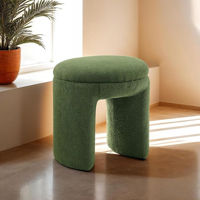 Furniture of America Rami Modern 18-inch Solid Wood Upholstered Ottoman with Pedestal Base, Vanity Stool Chair, Small Foot Stool for Bedroom, Living Room, Entryway, Green