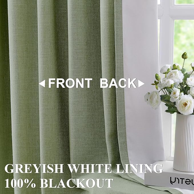 Vision Home Dark Green Pinch Pleated Full Blackout Curtains Linen Blended Room Darkening Curtain Panels 108 inch for Living Room Bedroom Thermal Insulated Pinch Pleat Drapes with Hooks 40" Wx108 Lx2