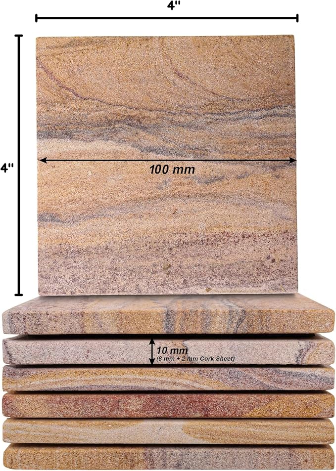 Sandstone Water Absorbent Hand Crafted Square Coasters for Drinks - 4 Inches Wide Thirsty Stone Bar/Drink Coasters- Made from Rainbow Sandstone (Set of 4 Without Holder)