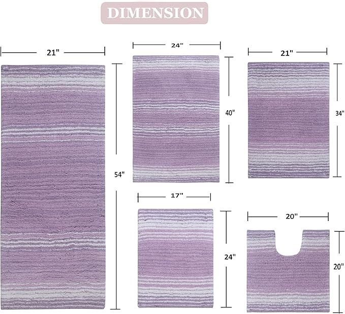 Home Weavers 100% Cotton Gradiation Collection Bathroom Décor | Washable Rug | Bathroom Mat | Kitchen Mat | Bathroom Rug Set | Bath Mat Set | Bath Floor Mat Non Slip, 5 Piece Set with Contour, Purple