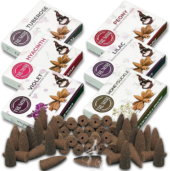 Blossom - Backflow Incense Cones for Waterfall - Scented Inscents-Cones - Peony, Lilac, Hyacinth, Tuberose, Honeysuckle, Violet - Insiensos Aromaticos - 6x10=60 Large Variety Pack