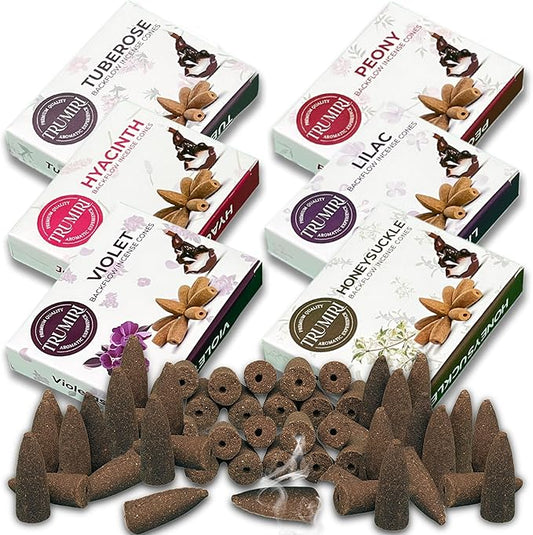 Blossom - Backflow Incense Cones for Waterfall - Scented Inscents-Cones - Peony, Lilac, Hyacinth, Tuberose, Honeysuckle, Violet - Insiensos Aromaticos - 6x10=60 Large Variety Pack