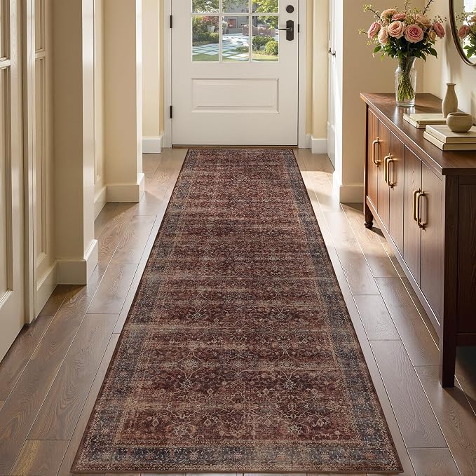 Vintage 2x8 Kitchen Runners Brick Red, Washable Non Slip Runner Rug for Hallway Entryway, Ultra Thin Low Pile Print Carpet Runner for Bathroom/Mudroom/Corridor/Laundry Room, Rustic Farmhouse