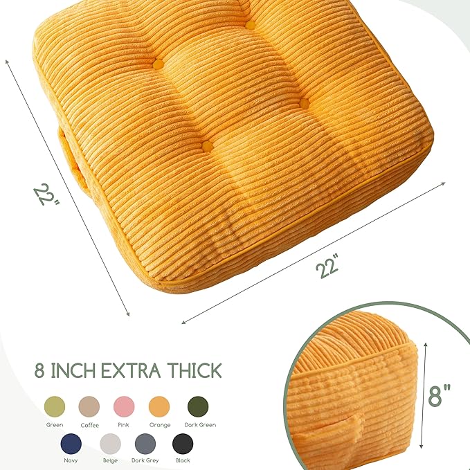 HIGOGOGO 8" Extra Thick Floor Pillow Cushion for Adults, Meditation Cushion Pillow, Large Square Floor Sitting, Tufted Corduroy Cover, for Tatami Living Room or Yoga, 22x22 Inch, 2Pack, Orange