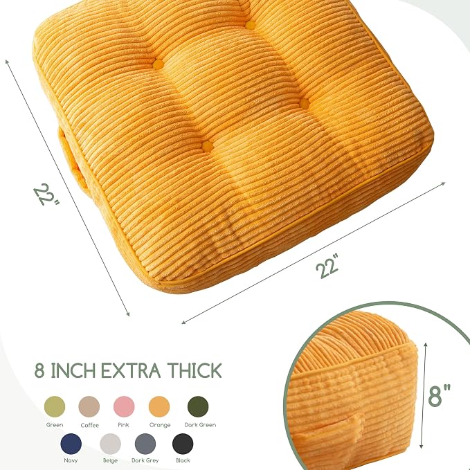 HIGOGOGO 8" Extra Thick Floor Pillow Cushion for Adults, Meditation Cushion Pillow, Large Square Floor Sitting, Tufted Corduroy Cover, for Tatami Living Room or Yoga, Orange