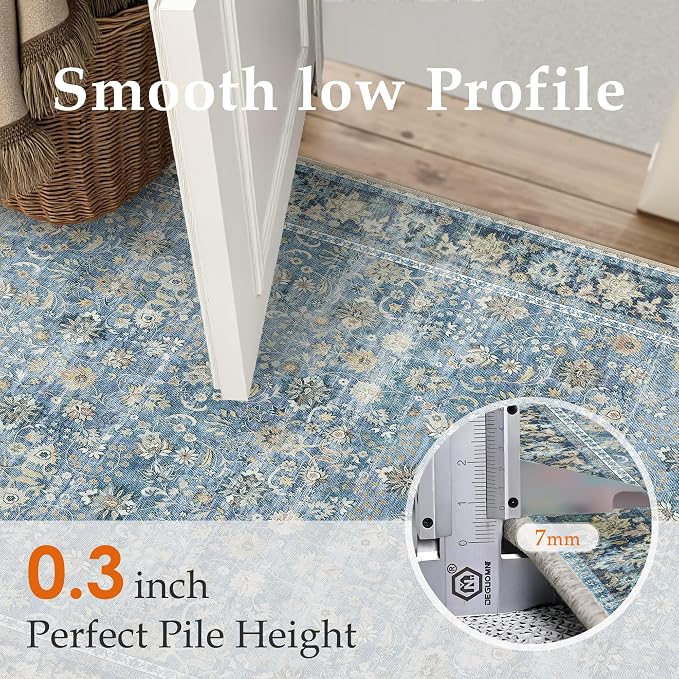HUGEAR 2x6 Runner Rug Machine Washable Light Blue Hallway Area Rugs Indoor Accent Rugs Floral Low Pile Carpet Distressed Throw Rug Bedroom Living Room Office Dining Kitchen Laundry Non Slip