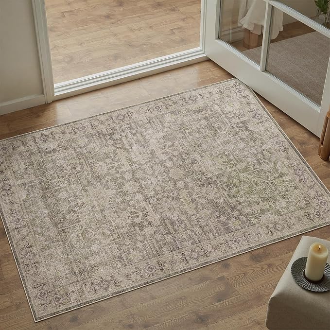 DCX Washable 3x5, Kid & Pet Friendly with Rubber Back Non Slip, Stain Resistant Vintage Rug for Living Room, Bedroom, Home Office, Soft Low Pile Farmhouse Distressed Carpet, Greige
