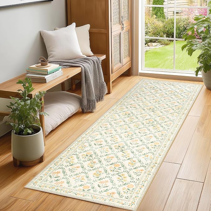 Runner Rug for Entryway: 2x5 Kitchen Rugs Non Slip Washable Ultra-Thin Soft Floral Carpet Indoor Floor Stain Resistant Carpets for Hallway Bedroom Kitchen Laundry Bathroom Dorm Beige/Multi