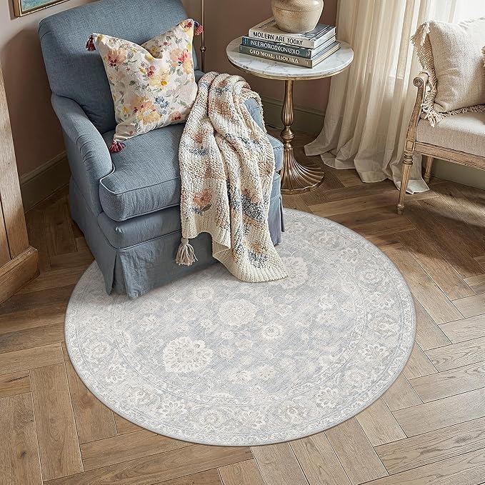 5x5 Blue Cream Washable Round Rug for Living Room Bedroom Neutral Floral Soft Non Slip Circle Rug Low Pile Distressed Carpet for Dining Room Nursery Office Indoor