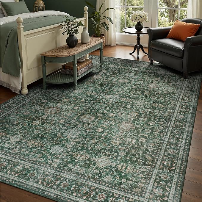 DCX Green 5x7 Rug, Kid & Pet Friendly with Rubber Back Non Slip, Machine Washable Stain Resistant Vintage Traditional Distressed Carpet, Rug for Living Room, Bedroom, Neutral Home Decor