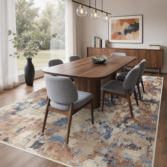 BEIMO Area Rugs 8x10 for Living Room Bedroom, Modern Abstract Machine Washable Rug, Large Soft Low Pile Floor Carpet with Non Slip Backing for Dining Room, Desert Blue Beige
