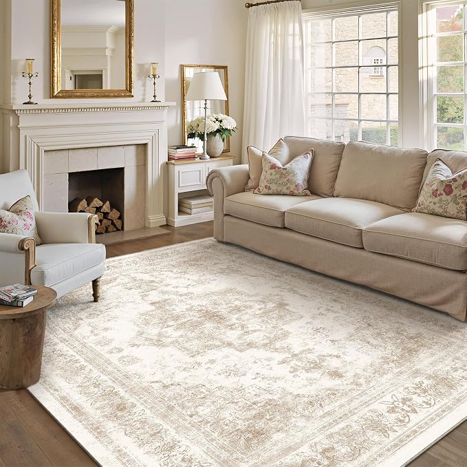 PureCozy Area Rug 8x10 Cream Washable Living Room Beige Carpet Non Slip Vintage Medallion Indoor Bedroom Beige Carpet Low Pile Soft Retro Distressed Large Rug Home Office Dining Room Playroom