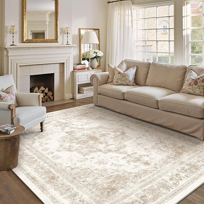 PureCozy Area Rug 10x14 Cream Washable Living Room Beige Carpet Non Slip Vintage Medallion Indoor Bedroom Beige Carpet Low Pile Soft Retro Distressed Large Rug Home Office Dining Room Playroom