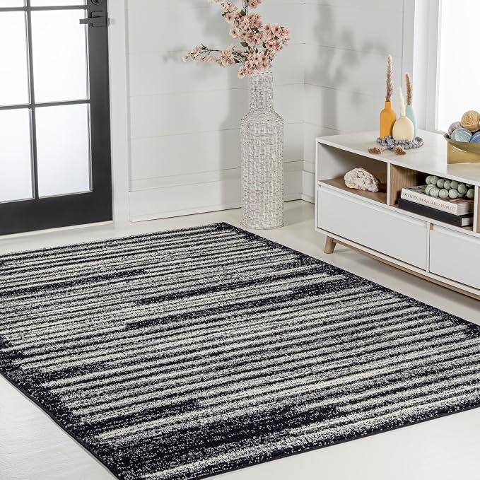 JONATHAN Y Khalil Modern Berber Stripe Black/Cream Indoor Area Rug, 5x8, Contemporary, Bohemian, Easy-Cleaning for Living Room, Bedroom, Kitchen, Pet Friendly, Non-Shedding (MOH207F-5)