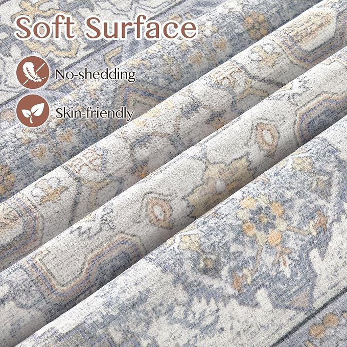 Tortania Area Rug Living Room Rugs - 7x9 Washable Boho Rug Vintage Oriental Distressed Farmhouse Large Thin Indoor Carpet for Living Room Bedroom Under Dining Table Home Office - Blue Beige