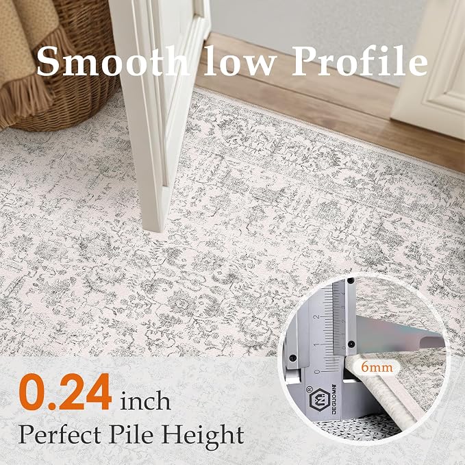 PureCozy Grey Round Area Rug 8ft Entryway Door Mat Small Circle 8x8 Kitchen Vintage Carpet Non Slip Indoor Bedroom Washable Distressed Floral Retro Accent Throw Rug Office Bathroom