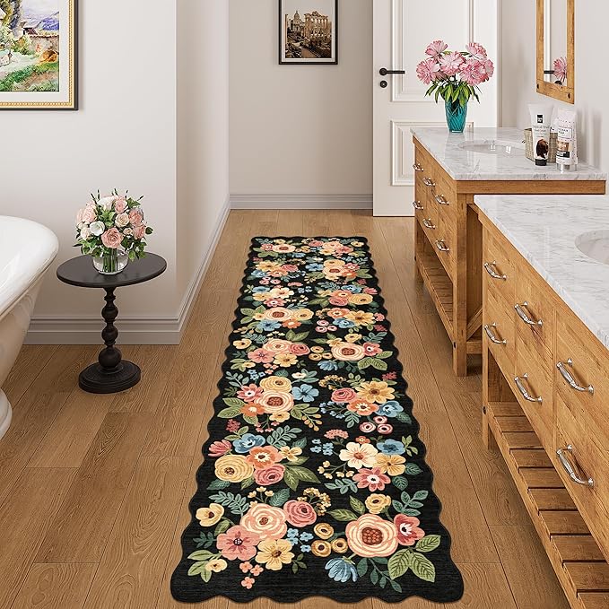 DUKINO Washable Runner Rug, 2x7 Lightweight Soft Floral Hallway Rug Runner with Low Pile Design, Non Shedding & Non Slip Backing Thin Indoor Carpet for Bedroom, Bathroom, Entrance, Kitchen, Black
