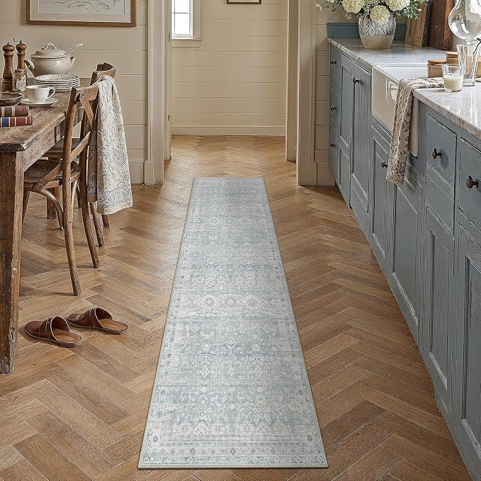 2x8 Blue Washable Neutral Runner Rug for Living Room Distressed Floral Non Slip Low Pile Runner Indoor Vintage Stain Resistant Distressed Carpet Bedroom Hallway Kitchen Bathroom Entryway