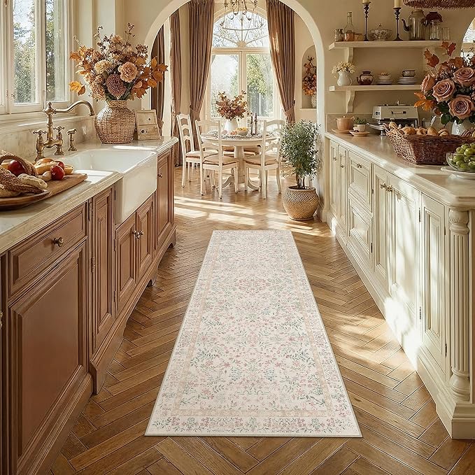 PureCozy 2x5 Pink Area Rug for Kitchen Washable Vintage Floral Carpet Low Pile Non Slip Botanical Aesthetic Soft Accent Throw Rug Entrance Bathroom Bedroom Nursery Office Indoor