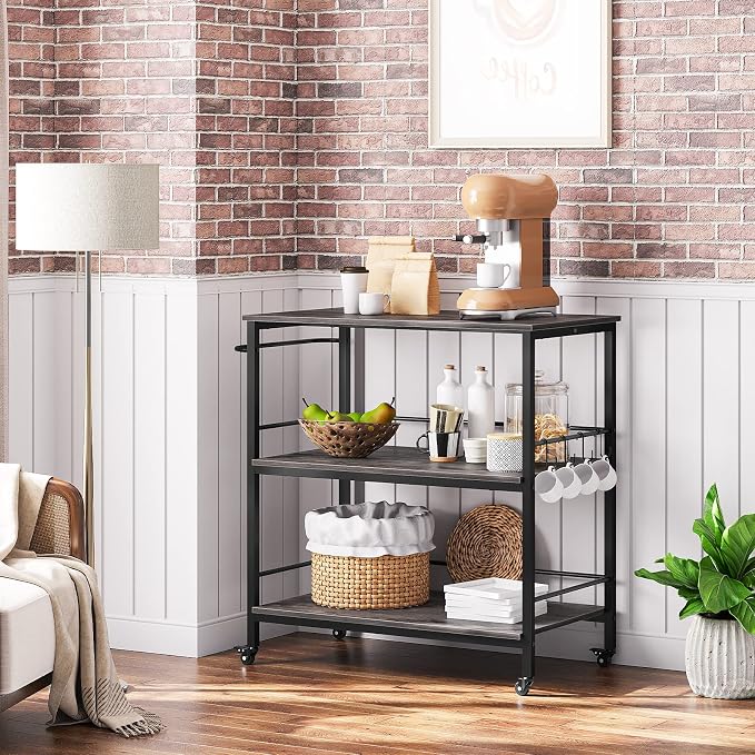 HOOBRO Kitchen Island with Storage,Industrial Kitchen Island on Wheels and Side Enclosures, 3 Tier Kitchen Cart with Large Workstation, Stable, Easy Assembly, Charcoal Gray and Black BC03ZD01