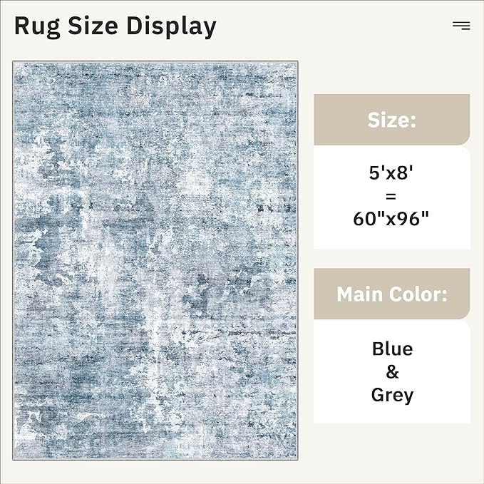 Soalmost 5x8 Area Rugs Blue/Grey Low Pile Indoor Washable Trendy Faded Style Rugs for Bedroom Living Room Dining Room Foldable Non-Slip Thin Print Home Office Mat