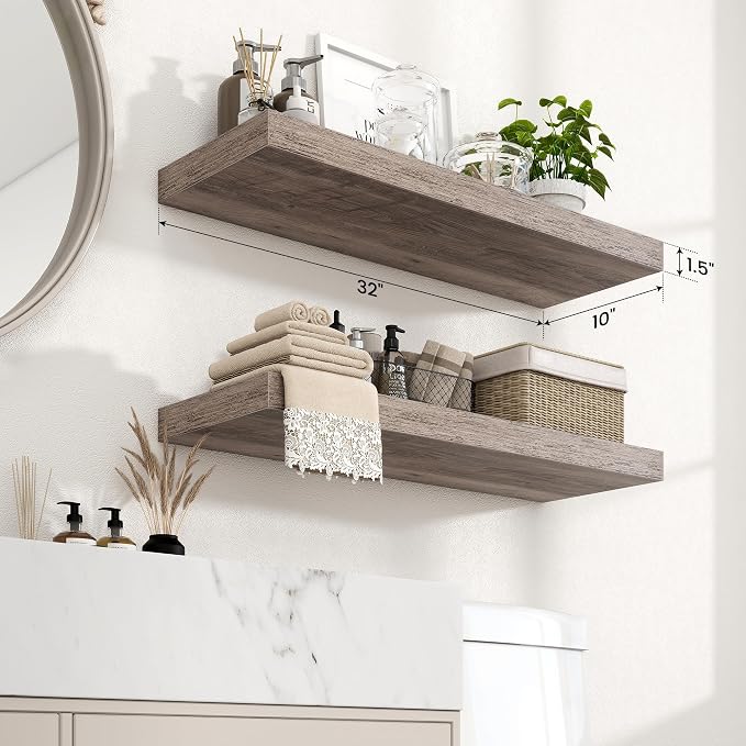 Axeman 32Inch Floating Shelves for Wall, 2 Pack Shelves for Bedroom, Bathroom, Kitchen, Hanging Wall Mounted Rustic Wood Shelf with Invisible Brackets for Books Decor, Grey