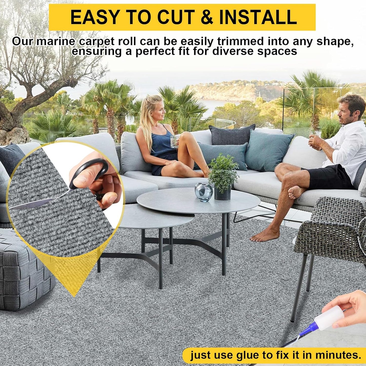 Marine Carpet,6 FT x 14 FT Smoke Gray Indoor Outdoor Carpet 0.2" Thick Boat Carpet with Water-Proof TPE Backing, Non-Slide Outdoor Marine Carpet Roll for Home, Patio, Porch, Deck