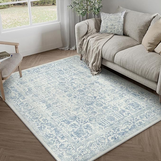 PureCozy Blue Area Rug 3x5 Office Entryway Rug Machine Washable Kitchen Vintage Distressed Non Slip Carpet Indoor Retro Floral Accent Throw Door Mat for Bathroom Bedroom Dining Living Room