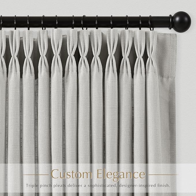 Grey Pinch Pleated Linen Curtains 120 inch Length 2 Panels for Living Room Light Filtering Triple Pleat Curtain Memory Trained FarmhouseNeutral Earthy Thick Flax Linen Drapes 120 inch Long Light Gray