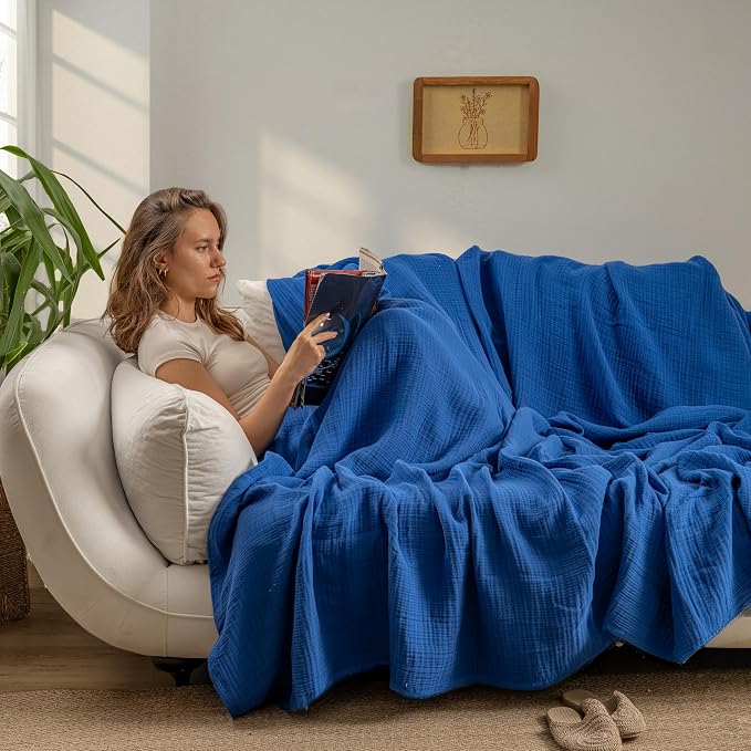 Muslin Blanket - Pure 100% Turkish Cotton Airy Soft Light Versatile Gauze Throw Blanket for Bed, Couch, Sofa (Blue, King Size (95" x 110" inch))
