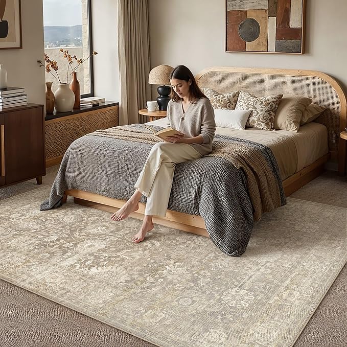 HUGEAR Area Rugs 6x9 Beige Washable Rug for Living Room Bedroom Neutral Vintage Rug Carpet Distressed Soft Durable Non Slip No Shedding for Indoor Dining Nursery Farmhouse