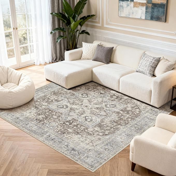 Tortania 8' Square Area Rug Living Room Rugs - Washable Boho Rug Vintage Oriental Distressed Farmhouse Large Thin Indoor Carpet for Bedroom Under Dining Table Home Office - Brown Blue