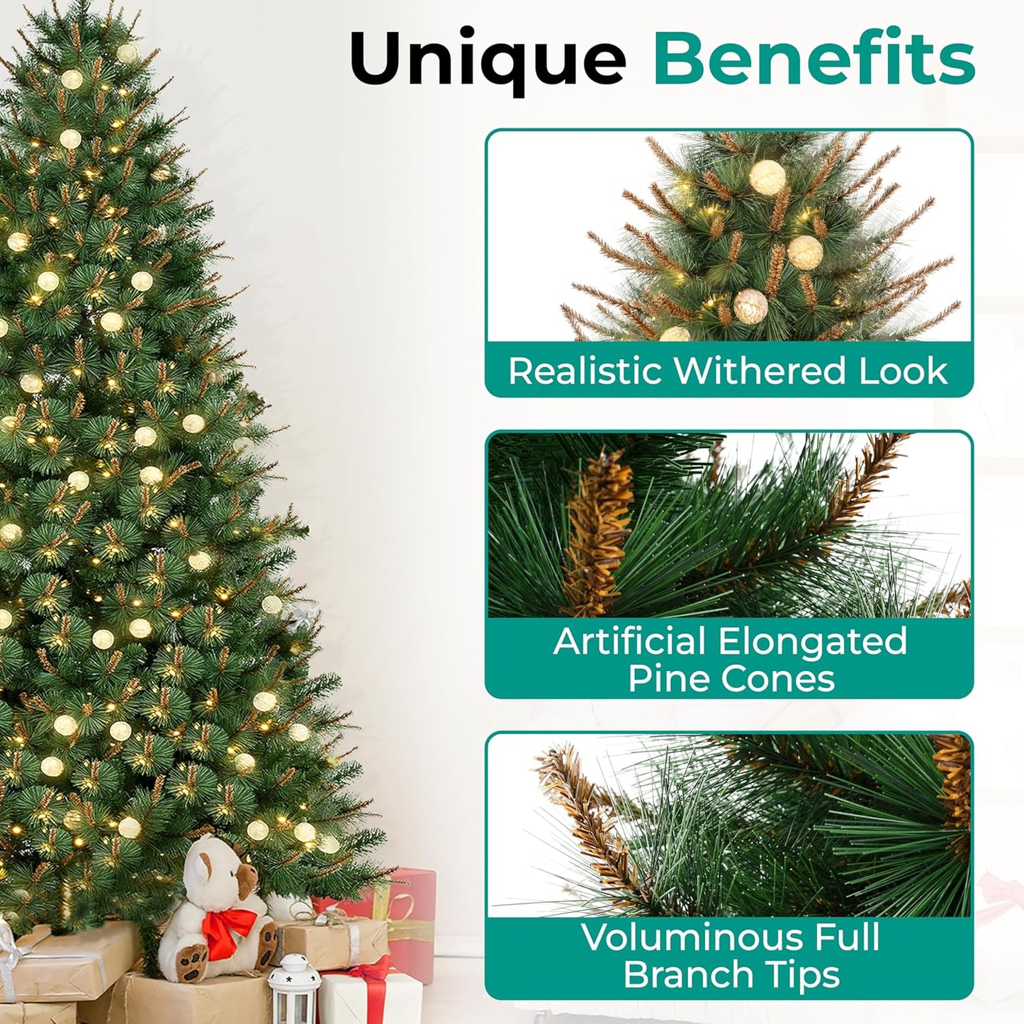 Selena 7.5ft Prelit Artificial Christmas Tree with 1209 Branch Tips, 400 Warm Lights and Metal Stand, 50" Wide Realistic Withered Christmas Tree with Lights by Naomi Home