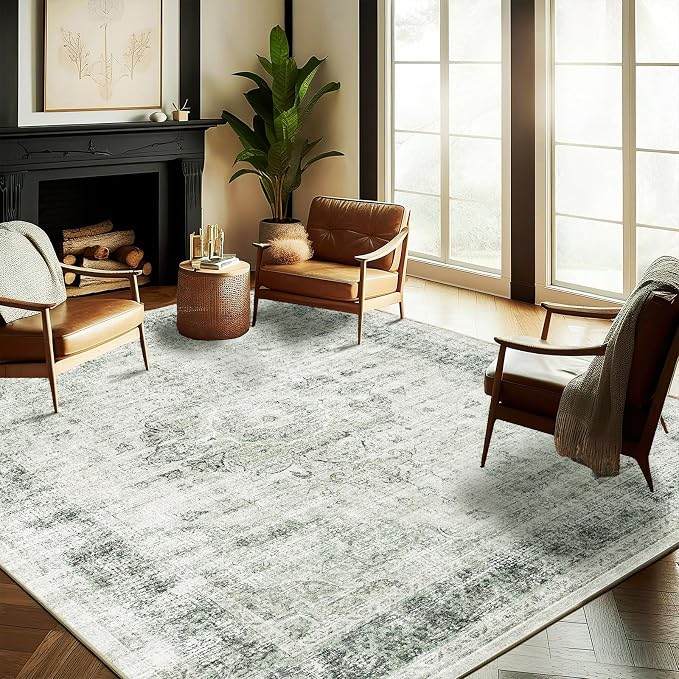 CHAMPLANT Washable Area Rug 8'x10' Floral Green Retro Boho Design Non-Shedding Non-Slip Easy Care Ideal for High Traffic Areas in Living Room Bedroom Office Coffee Table Kitchen Large Carpet