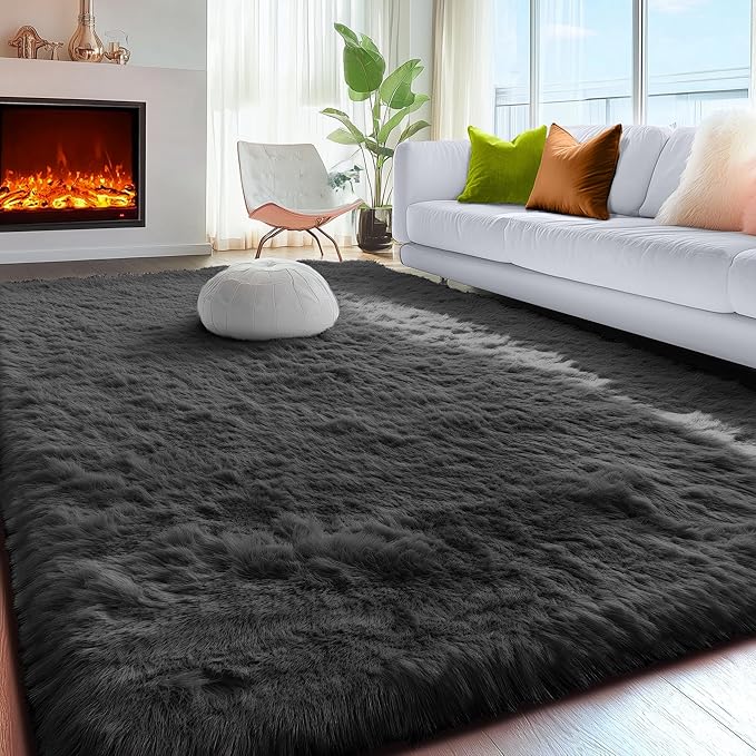 PAGISOFE 6x9 Ft Fluffy Bedroom Rugs, Black Modern Living Room Area Rug, Fuzzy Shaggy Carpet, Indoor Plush Nursery Rugs for Kids Room, Furry Floor Rug for Boys Room, Carpet for Teen Dorm Room Decor