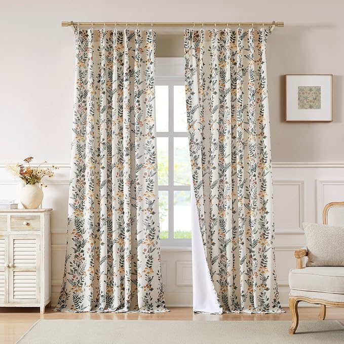 Kayne Studio Pinch Pleated Leaf Floral Window Curtains Light Filtering Lined Drapes Botanical Printed Country Farmhouse Back Tab Window Panels for Living Room Bedroom, 40"x108",Green & Yellow,2 Panels