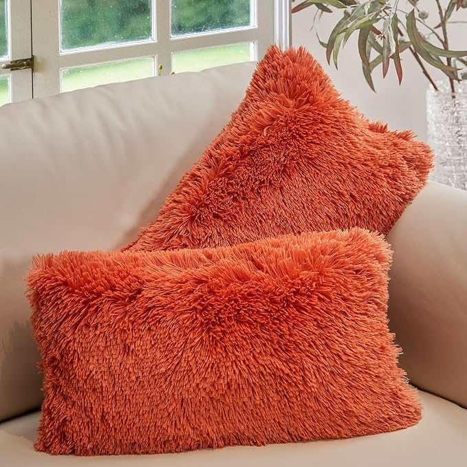 Cheer Collection Fall Decorative Throw Pillows for Couch – Set of 2 Shaggy Fall Pillows for Couch, Cozy Fall Couch Pillows for Living Room or Bed, Soft Accent Pillows, 12" x 20" - Rust Orange