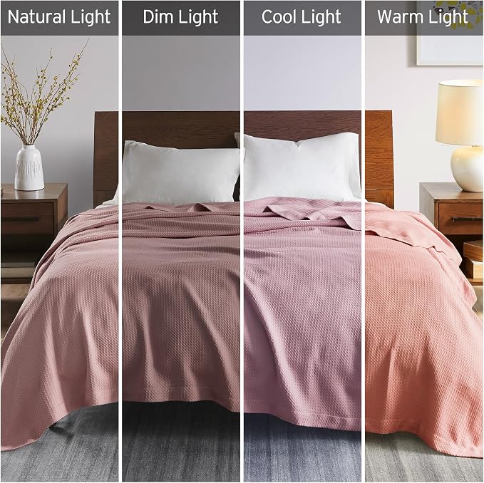 Madison Park 100% Egyptian Cotton Lightweight Summer Blanket, Breathable Waffle Knit Design, Soft Cozy All-Season Throw for Bed, Couch or Sofa, Rose Pink Twin Size (66"x90")