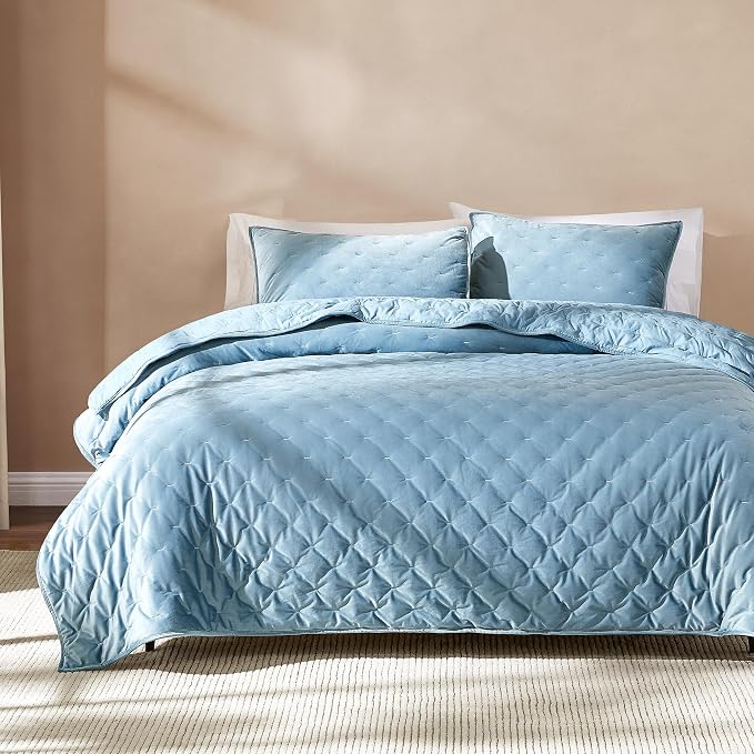 Lush Decor - Quilt Set, 3-Piece Cozy Velvet Bedding with Matching Shams, Embroidered Stitch Design (Haven Blue, King/California King)