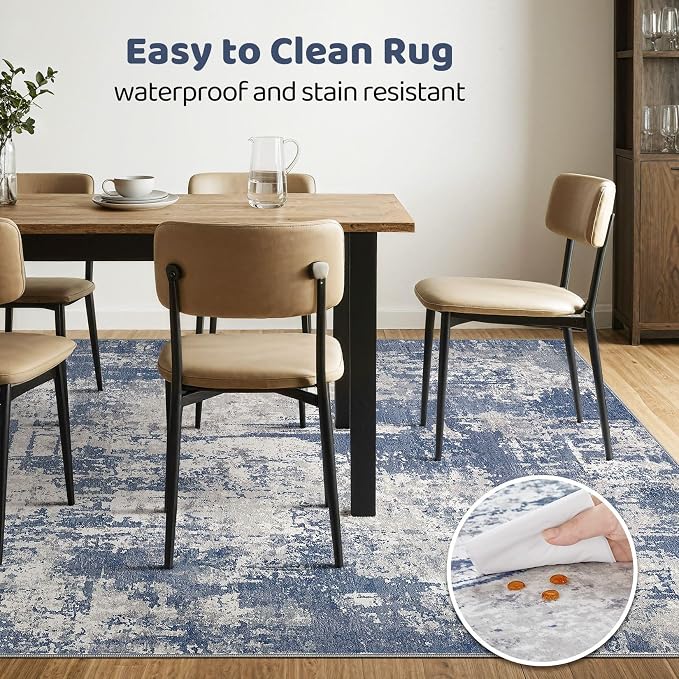 8x10 Area Rugs Living Room: Washable Large Abstract Modern Soft Rug Stain Resistant Indoor Floor Non Slip Accent Carpet for Bedroom Nursery Playroom Dining Room Office Dorm Home House- Navy Grey